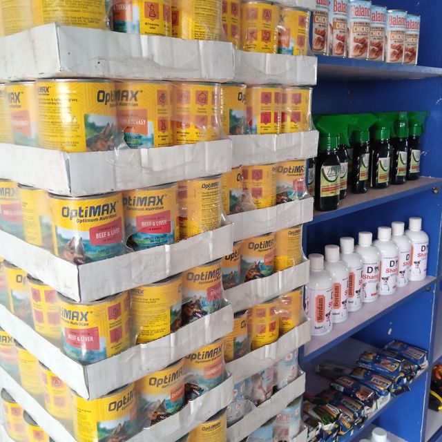 Pet nutrition and grooming products on display at Aegis Continental Veterinary